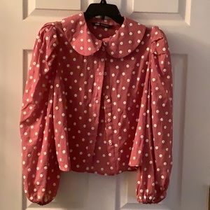 Zara cropped pink white dot embroidered xl shirt